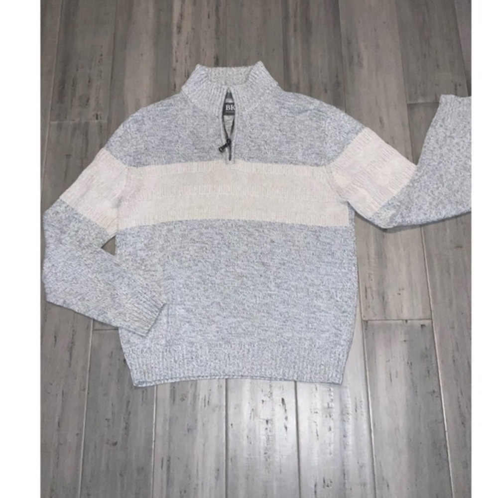 BKE 1/4 Zip Light Gray & Light Tan Pullover 1/4 Zip Ribbed Sweater Medium